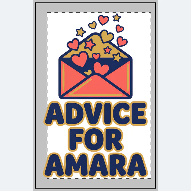 An envelope spilling hearts and stars, ADVICE FOR AMARA, on a white dotted notebook