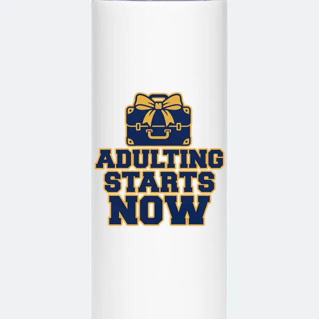 A briefcase with a bow over ADULTING STARTS NOW, on a white steel tumbler