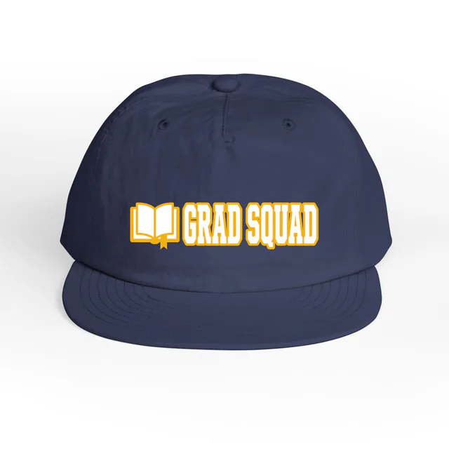 An open book beside GRAD SQUAD, on a cobalt surf cap