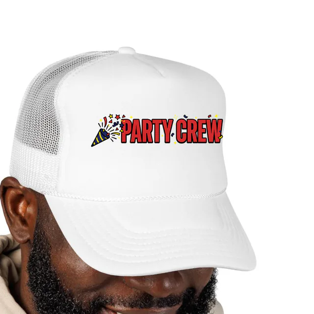 A confetti popper beside PARTY CREW, on a white foam trucker hat