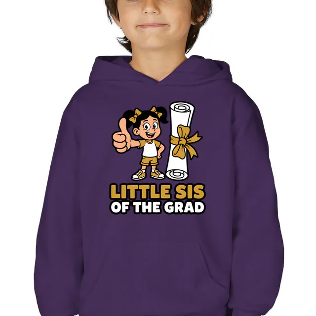 A thumbs-up kid beside a giant diploma, LITTLE SIS OF THE GRAD, on a purple youth hoodie