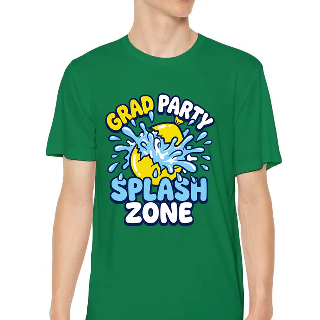 A bursting water balloon, GRAD PARTY SPLASH ZONE, on a kelly green youth performance tee