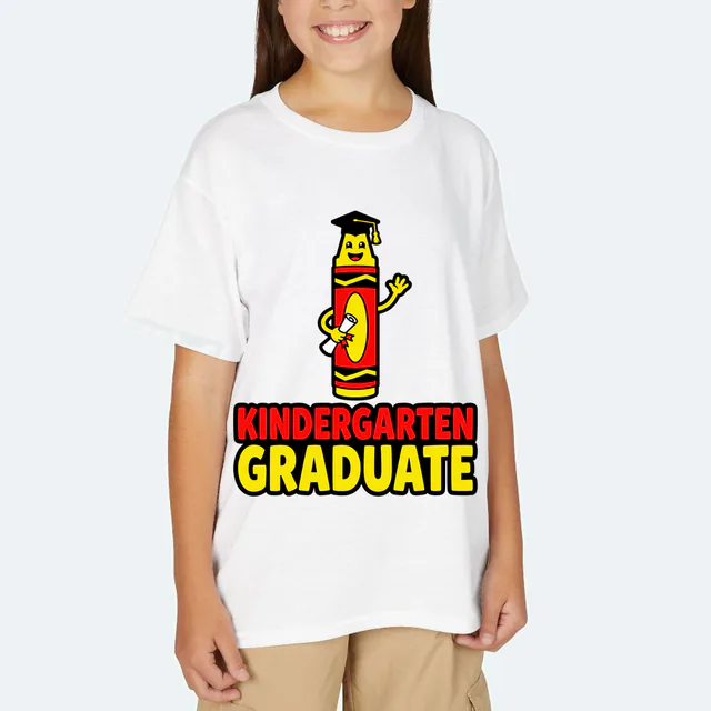 KINDERGARTEN GRADUATE, a crayon in a mortarboard with a diploma, on a white youth t-shirt