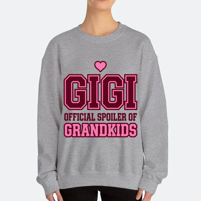 GIGI in varsity letters, OFFICIAL SPOILER OF GRANDKIDS, on a sport gray adult crewneck