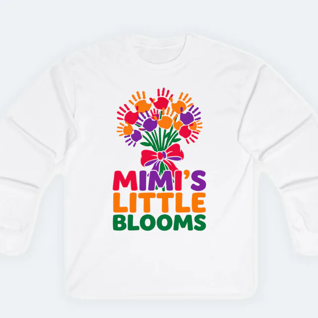 A bouquet of little handprint flowers, MIMI'S LITTLE BLOOMS, on a white adult long sleeve