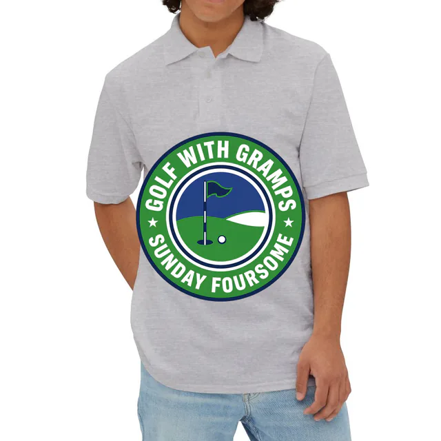 A golf flag emblem for the Sunday foursome, GOLF WITH GRAMPS, on an athletic heather adult polo