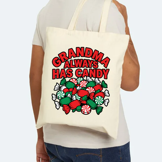 A heap of wrapped candies, GRANDMA ALWAYS HAS CANDY, on a natural canvas tote