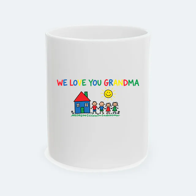 A crayon house, a sun and four grandkids, WE LOVE YOU GRANDMA, on a white ceramic mug