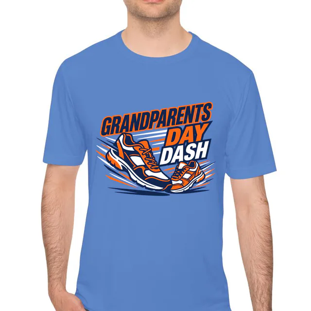 A big shoe and a small shoe for the Grandparents Day Dash, on a carolina blue performance tee