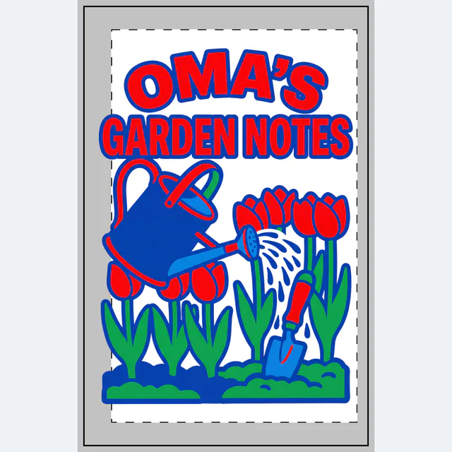 A watering can over the tulips, OMA'S GARDEN NOTES, on a white dotted notebook