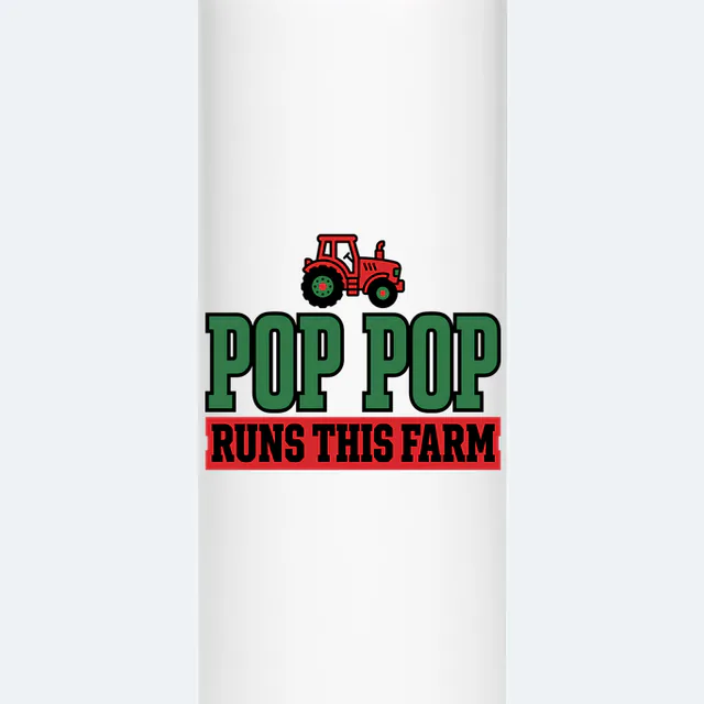A little red tractor, POP POP RUNS THIS FARM, on a white steel tumbler