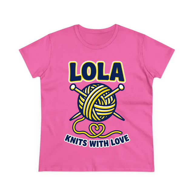 A ball of yarn unspooling into a heart, LOLA KNITS WITH LOVE, on an azalea women's t-shirt