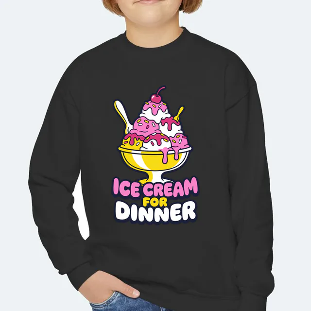 A sundae with a big spoon and a small one, ICE CREAM FOR DINNER, on a black youth crewneck