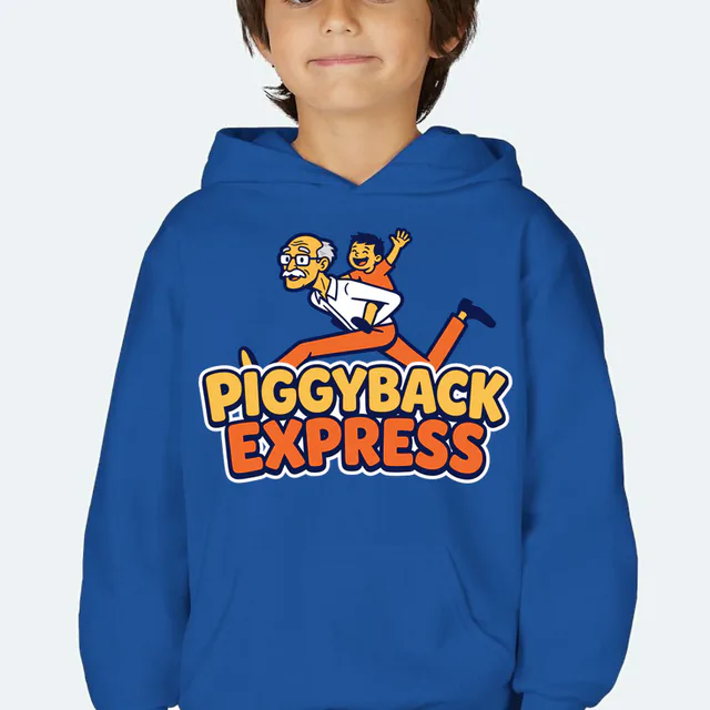 A grandpa at full gallop with a kid aboard, PIGGYBACK EXPRESS, on a royal youth hoodie