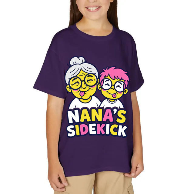 Matching big glasses and silly faces, NANA'S SIDEKICK, on a purple youth t-shirt