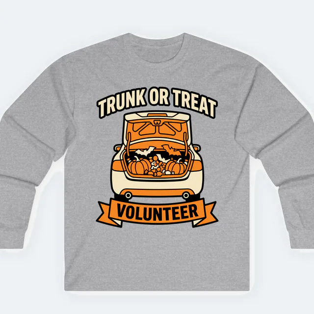 A car trunk full of candy for the trunk-or-treat volunteers, on a sport gray adult long sleeve