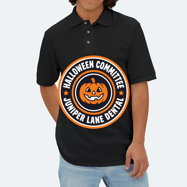A pumpkin emblem for the Juniper Lane Dental party committee, on a black adult polo