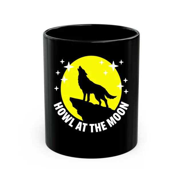 A wolf howling at a glowing full moon, on a black mug