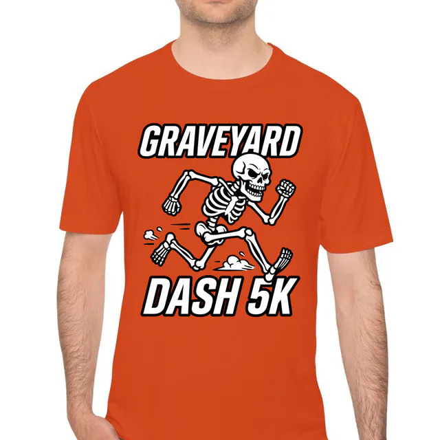 A sprinting skeleton for the Graveyard Dash 5K, on an orange performance tee