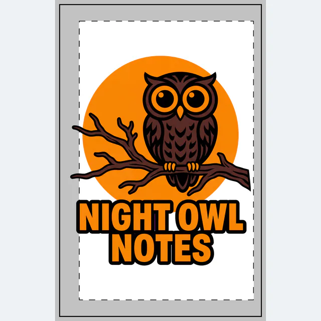 An owl on a branch before the harvest moon, NIGHT OWL NOTES, on a white dotted notebook