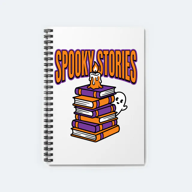 A ghost behind a stack of old books, SPOOKY STORIES, on a white spiral notebook