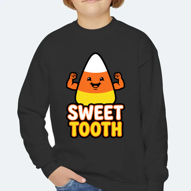 A flexing candy corn over SWEET TOOTH, on a black youth crewneck