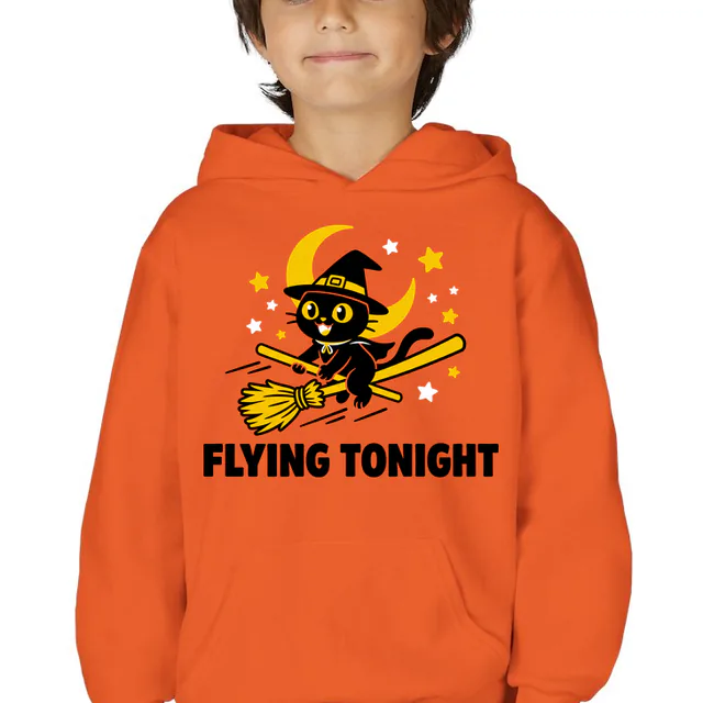 A black cat on a broom zooming past the moon, on an orange youth hoodie