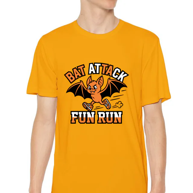 A bat in running shoes for the Bat Attack fun run, on a gold youth performance tee