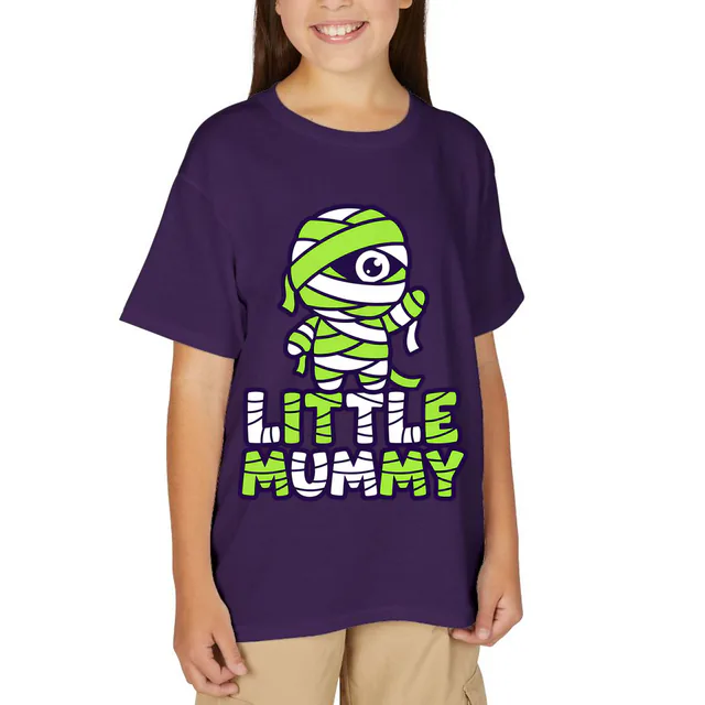 A peeking mummy over LITTLE MUMMY in bandage letters, on a purple youth t-shirt