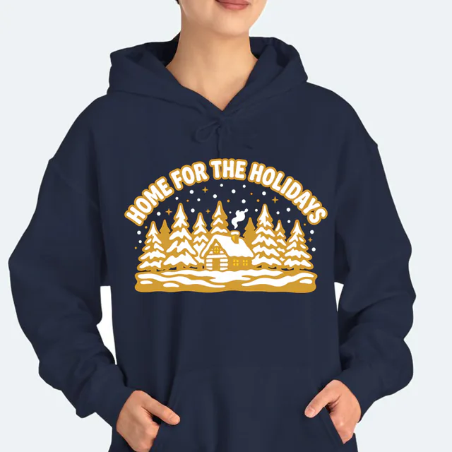 A snowy cabin among the pines, HOME FOR THE HOLIDAYS, on a navy adult hoodie