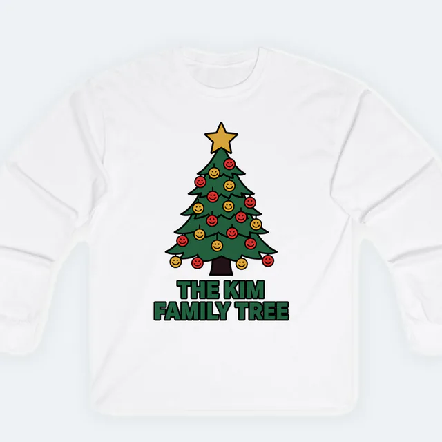 A tree hung with smiling-face ornaments, THE KIM FAMILY TREE, on a white adult long sleeve