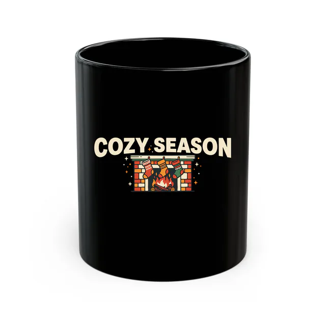 Stockings over a crackling fire, COZY SEASON, on a black mug