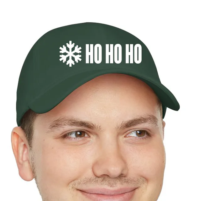 A snowflake beside HO HO HO, on a dark green dad hat