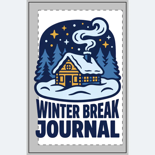 A snowy cabin under the stars, WINTER BREAK JOURNAL, on a white dotted notebook