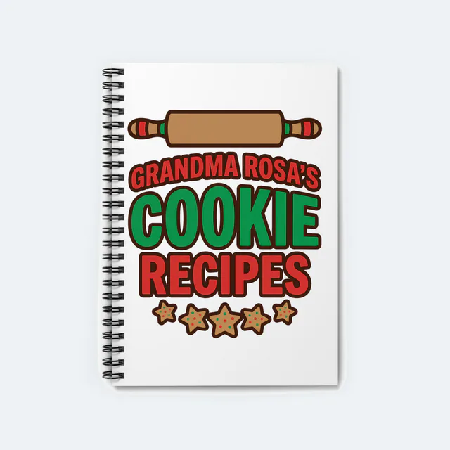 Cookie cutters and a rolling pin for Grandma Rosa's recipes, on a white spiral notebook