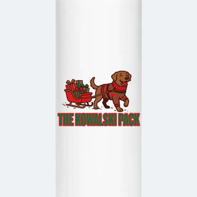 A dog pulling a sleigh of presents for the Kowalski pack, on a white steel tumbler