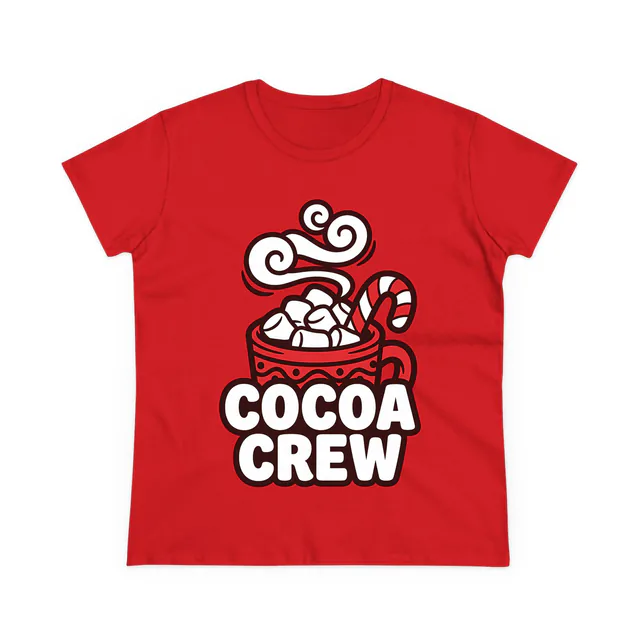 Hot cocoa piled with marshmallows over COCOA CREW, on a red women's t-shirt