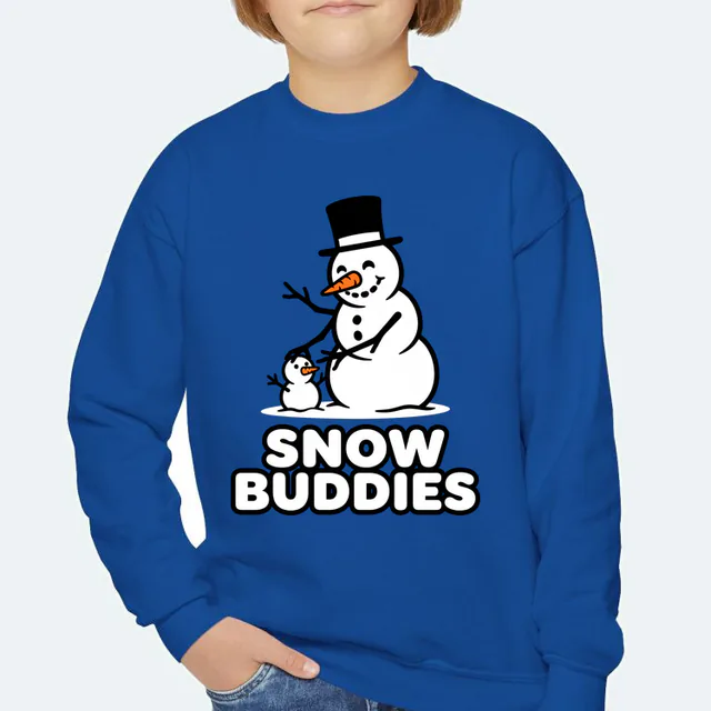 A snowman building a smaller snowman, SNOW BUDDIES, on a royal youth crewneck