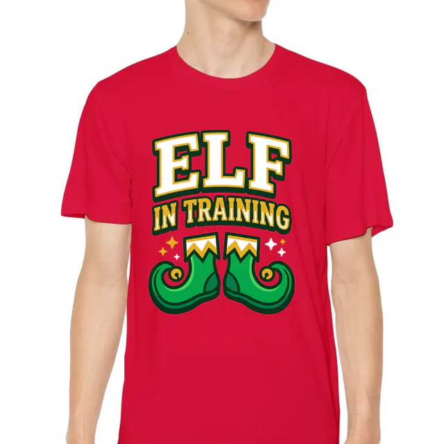 Curly elf shoes under ELF IN TRAINING, on a red youth performance tee