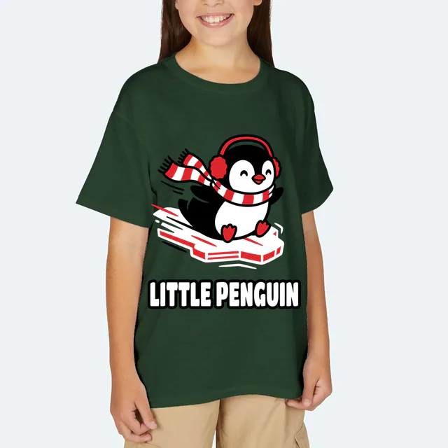 A penguin sliding across the ice over LITTLE PENGUIN, on a forest green youth t-shirt