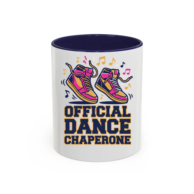 Dancing sneakers and music notes, OFFICIAL DANCE CHAPERONE, on a navy accent mug