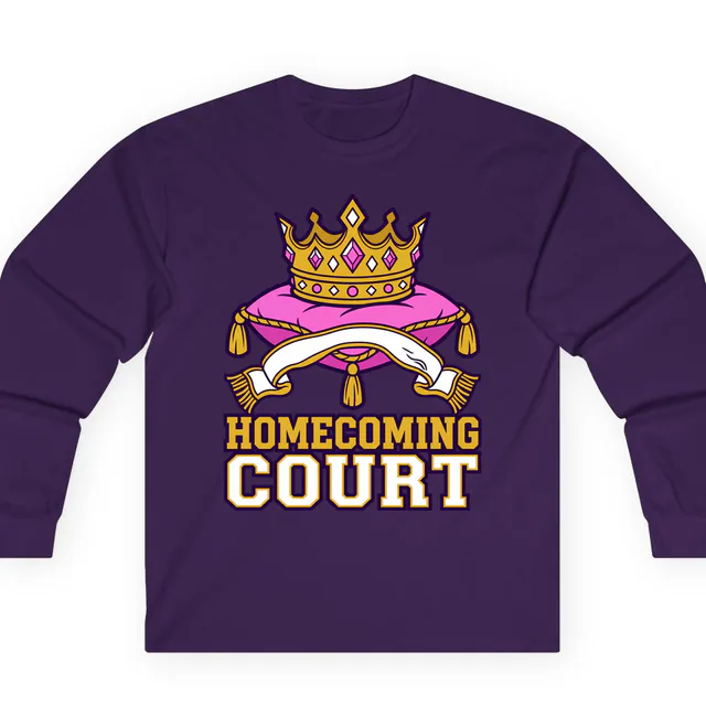 A jeweled crown on a velvet pillow, HOMECOMING COURT, on a purple adult long sleeve