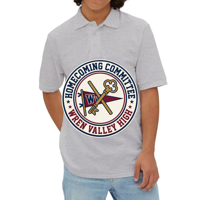 A brass key and pennant emblem for the committee running homecoming, on an athletic heather adult polo