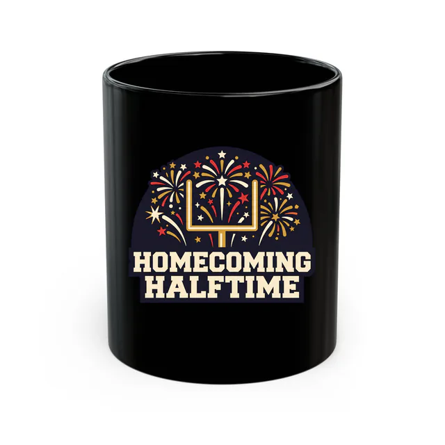 HOMECOMING HALFTIME, fireworks over the goalposts, on a black mug