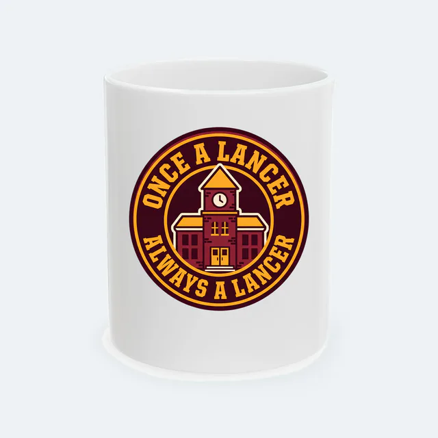 An old brick school badge, ONCE A LANCER ALWAYS A LANCER, on a white ceramic mug