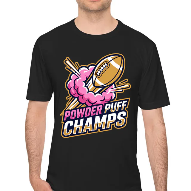 A football bursting through pink powder, POWDER PUFF CHAMPS, on a black performance tee