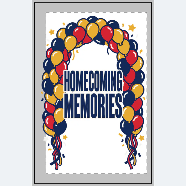 HOMECOMING MEMORIES inside a balloon arch, on a white dotted notebook
