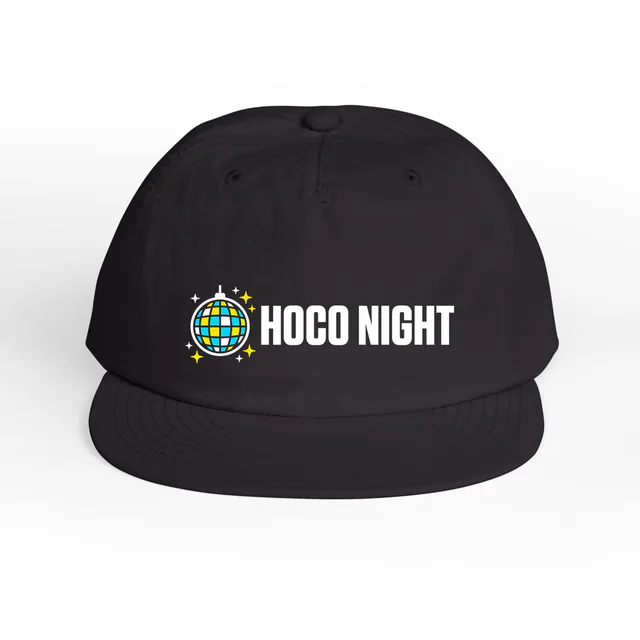 A small disco ball beside HOCO NIGHT, on a midnight blue surf cap
