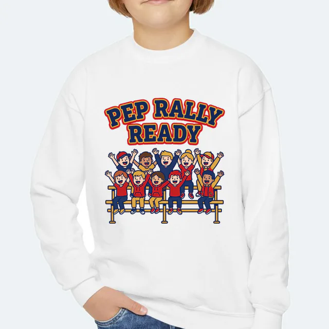 A front row of kids doing the wave, PEP RALLY READY, on a white youth crewneck