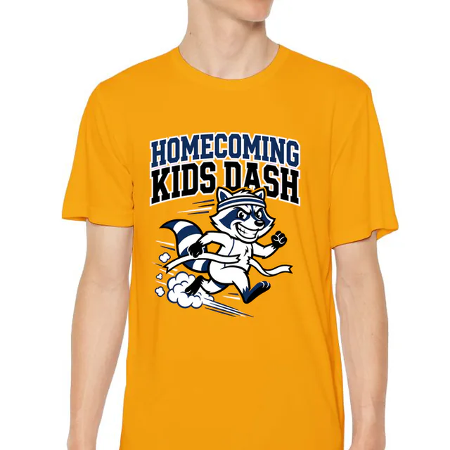 A raccoon in a sweatband at the finish, HOMECOMING KIDS DASH, on a gold youth performance tee